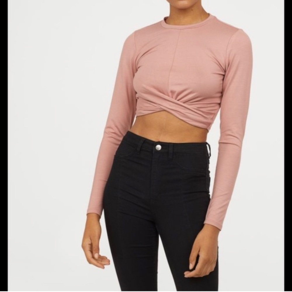 Divided Mauve Pink Crop Top Long Sleeves Women sz S H&M T-shirt twisted front